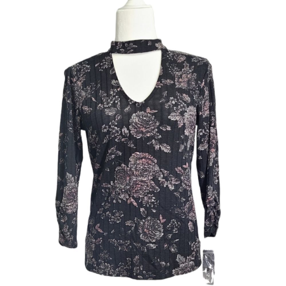AGB‎ V-Neck Long Sleeve Keyhole Floral Top Size Small